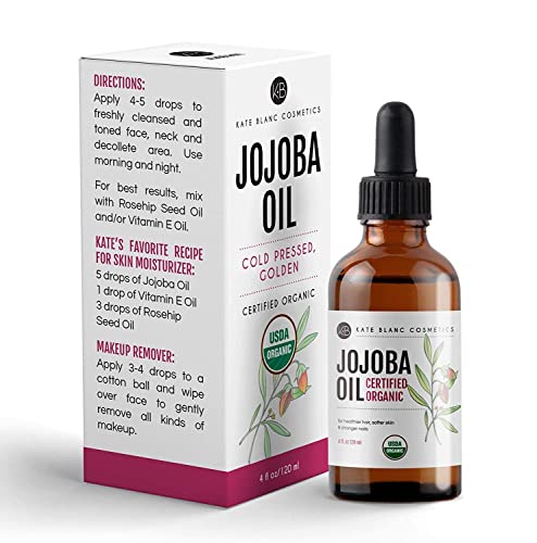 Kate Blanc Cosmetics Jojoba Oil Organic for Hair, Skin & Face (4oz, 100% Pure, Cold Pressed, Unrefined, Natural, Hexane Free, Glass Bottle)