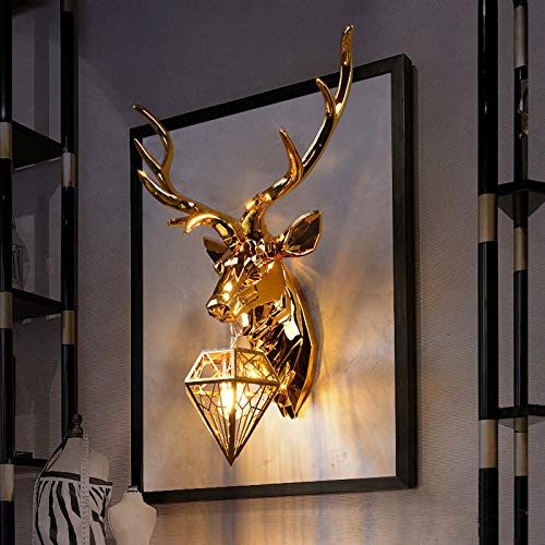 HKLY Applique Murale Décorative En Bois De Cerf Design Nordique, Lampe Murale En Résine, Chambre Lampes De Chevet Chambre Enfants Décor Antler Lumière De Mur E27,Gold/large Cover