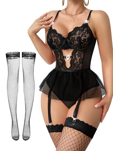 Image of Lilosy Sexy Lingerie Set 3 Piece Women Corset Bodysuit Skirt | Rhinestone Heart Stocking Garter Plus Size Underwire Mesh Sheer Lace Push Up Babydoll Halloween Christmas Valentine's Bridal
