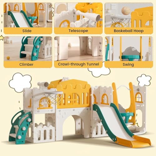 10 in 1 Toddler Slide, Toddler Indoor Outdoor Playground, Toddler Playset, for Age 1-3, Basketball Hoop, Telescope, Climbing Ladder, Crawl-Through Tunnel and Swing