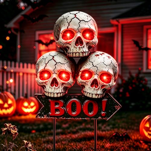 Image of VOOKRY Solar Halloween Skull Lights Outdoor, 3 Skulls with Red Glowing Eyes