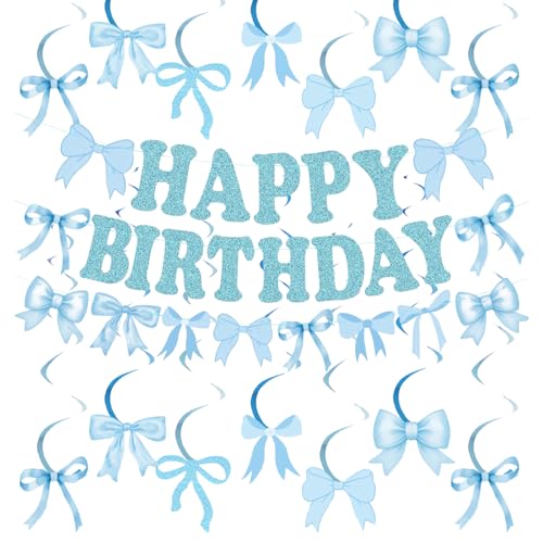 Blue Bow Party Decorations Happy Birthday Banner Garland and Hanging Swirls Bow Knot Bachelorette Party Decoration Set for Girls Wedding Birdal Shower Birthday Party Supplies