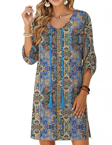 Zeagoo Womens Boho Dresses Casual Beach Summer Dress Tassel Tie Neck 3/4 Long Sleeve Mini Sundress 2026 Floral Print Cover Up