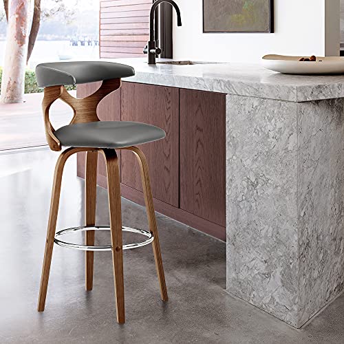 Zenia 30  Swivel Bar Stool in Grey Faux Leather and Walnut Wood