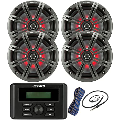 Kicker Weather-Resistant Marine Bluetooth USB RCA Stereo Receiver Bundle Combo with 2 Pair (Qty 4) 6.5 2-Way 195W Max Coaxial Marine LED Speakers w/Charcoal Grilles 50-Ft 16-Gauge Wire Antenna