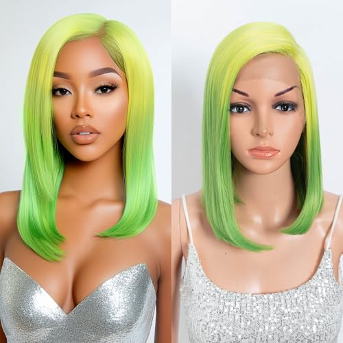 DÉBUT Ombre Lemon Green Asymmetrical Side Part Long Bob Wig