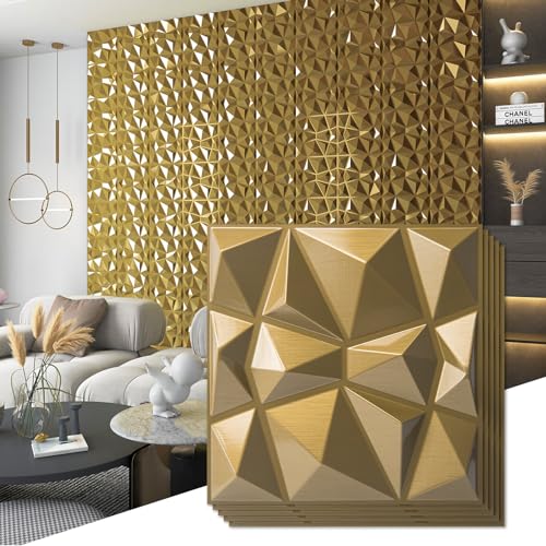 Art3d 3D-Diamant-Design-Panel für Innendekoration, Wohnzimmer, TV-Wandhintergrund, Schlafzimmer, Gaming-Setup, 30 x 30 cm, Gold, 33 Stück
