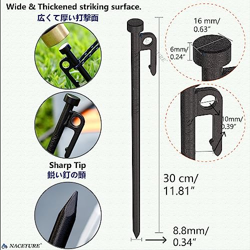 Heavy Duty Tent Stake 12 Inch 4 Pack with Camp Rope Guy Lines, Yard Stakes for Canopy, Camping Stakes for Ground, Tent Pegs Thickened Reinforced Nail Heads