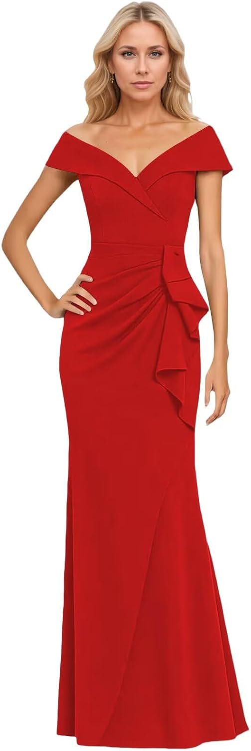 Satin Mother of The Bride Dresses for Women Off Shoulder Mermaid Long Ruched Formal Evening Dress
