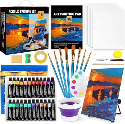 Kit de Peinture Acrylique,Kit Peinture Enfant Adultes Professionnel,24 Tubes de Peinture Acrylique 12 Ml avec Pinceaux,Palette,Couteaux,Toile,Chevalet,Pour Artistes,Débutants & Enfants