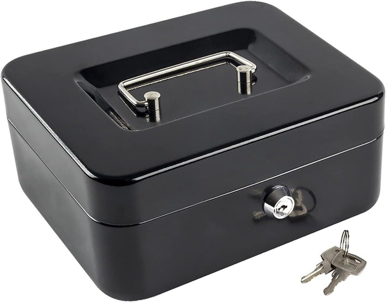 Heavy Metal Cash Box with Key Lock & Removable Money Tray (20x16x9 cm, Black) | 6 Compartments Organizer for Cash, Coins & Valuables | Portable Safe Box with Handle for Home, Shop, School & Office Use-image-41