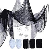 3 Pieces Black Creepy Cloth Scary Gauze Cloth Doorways with 2 Pieces Halloween Spider Web and 4 Pieces Plastic Spiders for Halloween Party Decorations