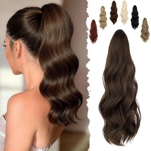 FELENDY 16 Ponytail Extension Long Curly Wavy Ponytails Clip in Claw Hair Extension Pony Tails Natural Looking Synthetic Hairpiece for Women Medium Brown