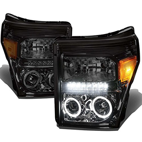Dual Halo LED DRL Projector Headlight Lamps Compatible with Ford F-250 F-350 F-450 F-550 Super Duty 11-16, Driver and Passenger Side, Chrome Housing Smoked Lens Amber Corner