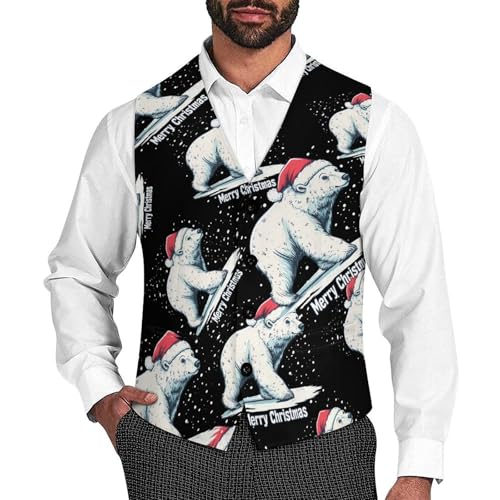 White Bear Christmas Men's Suit Vests Dress Vest V-Neck Waistcoat Slim Business Formal with Pocket
