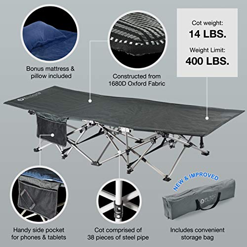 ELTOW Cozy Folding Camping Cot - Heavy-Duty Portable Collapsible Sleeping Bed with Pillow and Mattress - Superior Camping Gear with Strong Steel Frame and 1680D Oxford Fabric - Supports 400 Pounds