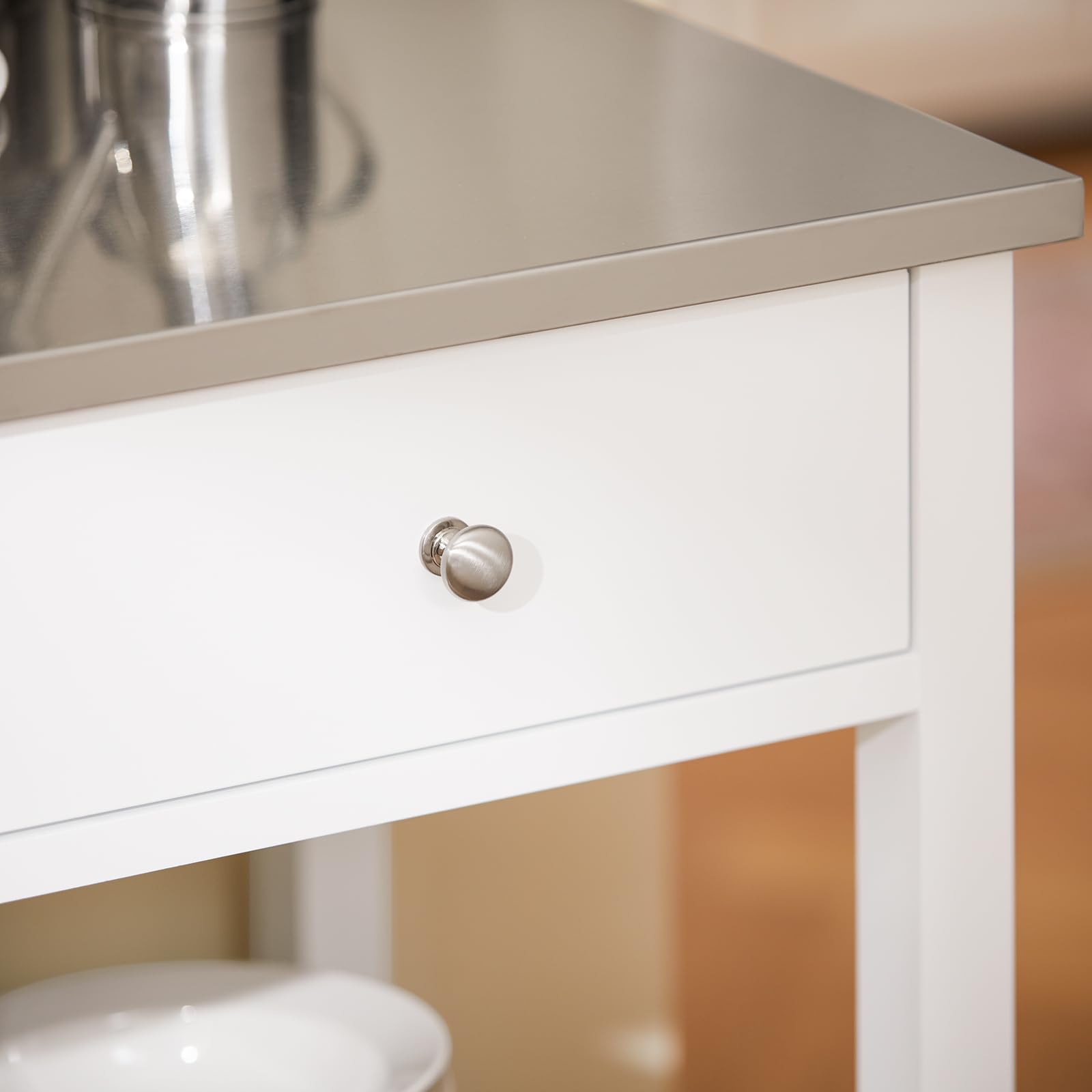 SoBuy Carrito de Cocina con Ruedas – Mesa Auxiliar con Encimera de Acero Inoxidable y Estantes Abiertos, Carrito de Servicio para Cocina, Hogar u Exterior, Blanco, 81x90x45cm FKW47-II-W