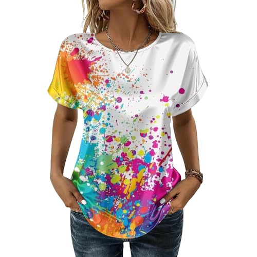 Women's Dressy Casual Loose Short Sleeve Satin Blouse Fashion Printed Business Tops Round Neck Summer Silk Shirts