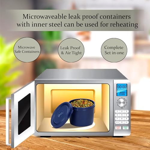 Image of Microwave Safe Lunch Box Set with Bag, 3 Containers (250 /400 /500 ml), Blue | Outer Plastic & Inner Stainless Steel Tiffin Box | Leakproof Lunch Boxes