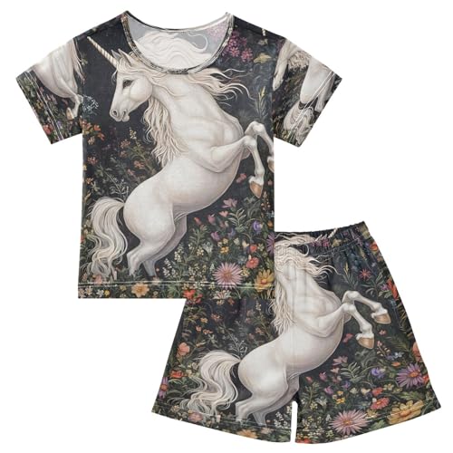 ALAZA Unicorn Blossom Floral Horse Pajamas Set Short Sleeve Cotton Sleepwear Summer Pjs 2 Piece 5-14Y