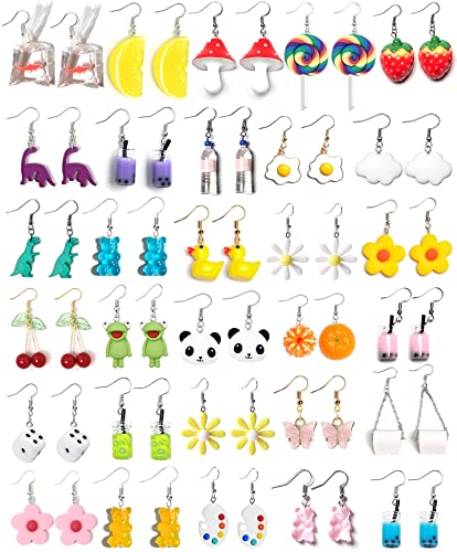 30 Pairs Cute Summer Earrings Weird Earrings Drop Dangle Earrings Frog Panda Goldfish Water Bottle Strawberry Mushroom Butterfly Cloud Flowers Dinosaur Egg Earrings for Women