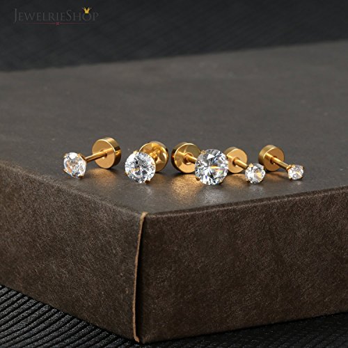 JewelrieShop Cartilage Tragus Earring Stainless Steel Stud Piercing Earring Flat Back Earrings Stud Flatback Screw Back Earrings for Women Men (16G, 6mm Bar Length, 3mm-7mm CZ, 5 Pairs)2