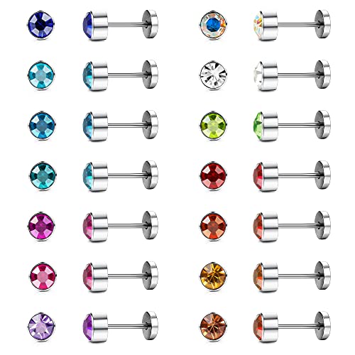 LOYALLOOK 14Pairs Stainless Steel CZ Stud Earrings for Women Men Multicolor Cubic Zirconia Flatback Earrings Pave Crystal Disco Ball Earrings with Flatback Cartilage Helix Earrings Set 20G2