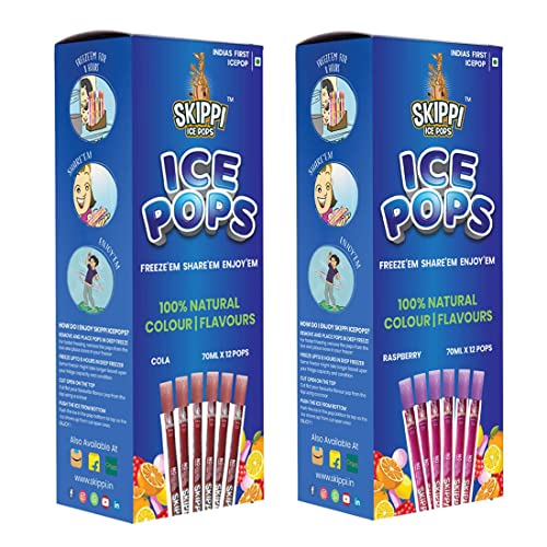 Skippi Ice Pops 100% Natural Freezer Pops, Juice Bars, Ice Pops – Cola & Raspberry Flavors (12+12 Pops Boxes) – 12 Gm