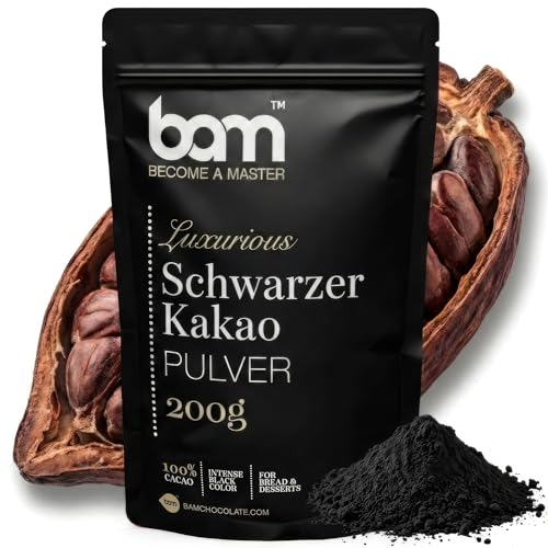BAM Cacao Negro en Polvo, 200 g – Cacao Puro y Desgrasado sin Azúcar para Repostería y Decoración – Sin Gluten y Apto para Veganos
