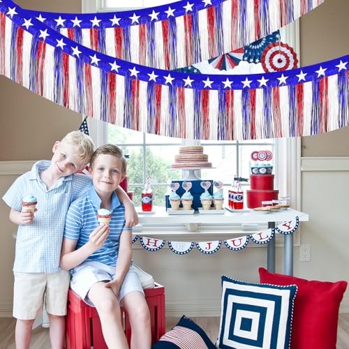 Image of 4th of July Decorations 2Pack 40Ft Red White and Blue Fringe Backdrop Banner for Parade Floats Decor Independent Day Memorial Day Veterans Day Patriotic Party Indoor Outdoor Hanging Decorations