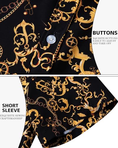 Mens Luxury Shirts Black Gold Chain Print Dress Shirt Baroque Short Sleeve Casual Button Down Design buchona Shirts4