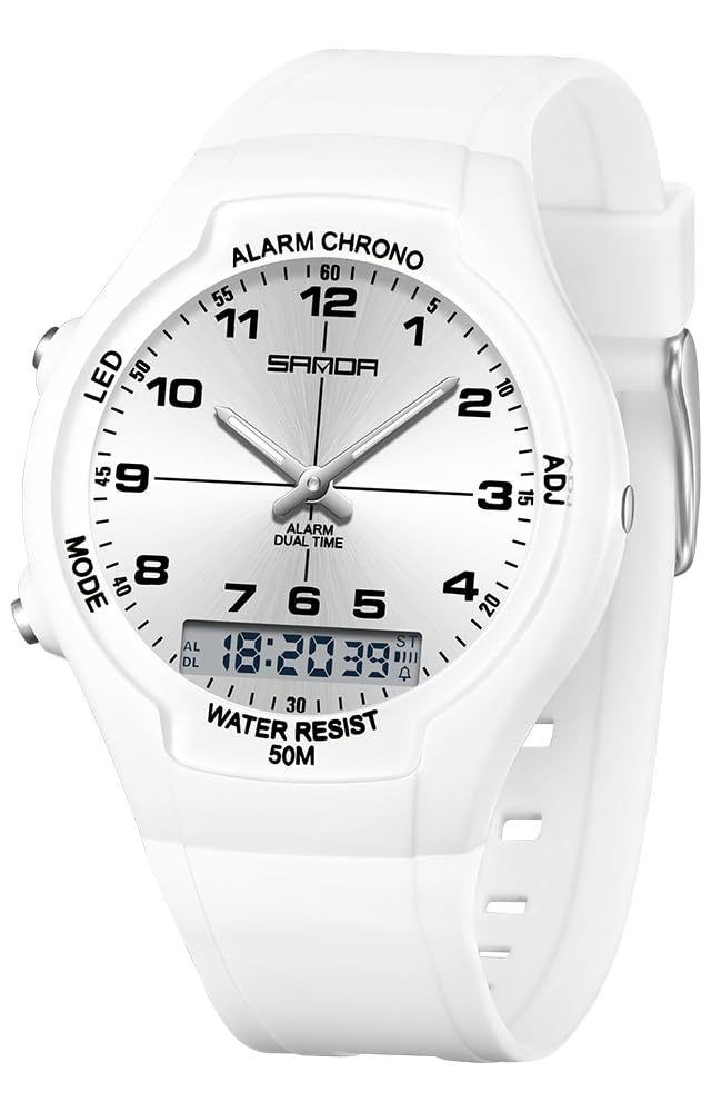 Gosasa Montre de sport analogique et numérique double fuseau horaire étanche jusqu'à 50 m Alarme chronographe Rétroéclairage LED Montre bracelet en silicone