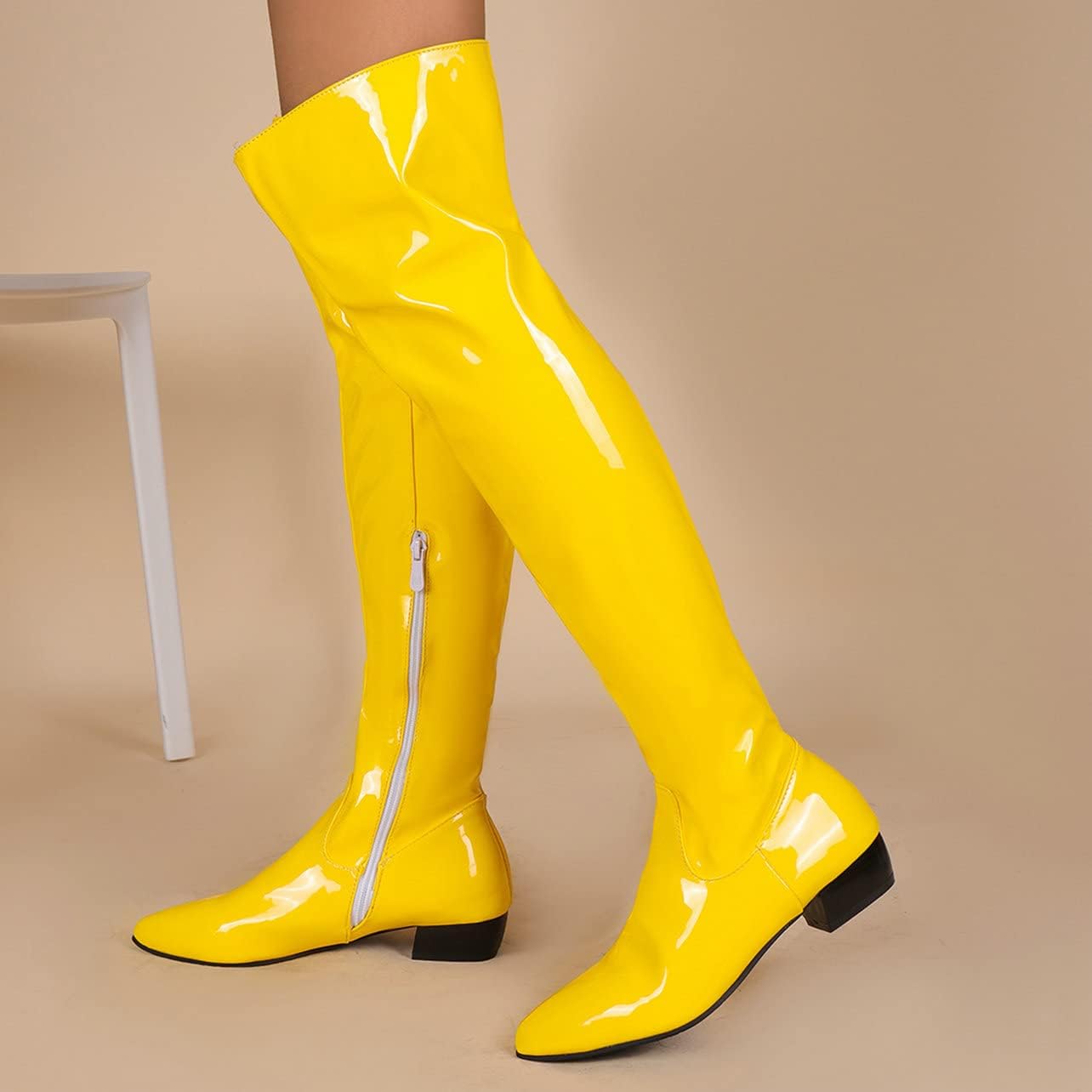 UniqueStride Womens Flat Thigh High Chunky Heels Boots Pointed Toe Side Zipper Patent Over The Knee Boots