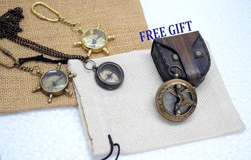 Antique Brass Wheel Compass Keychains with Free Sundial Compass Gift