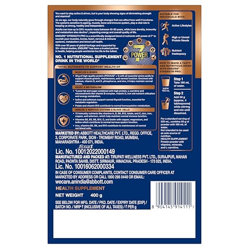 Image of Ensure Strength Pro | High Protein Nutritional Drink for Adults | Vanilla Delight (400g) | 30g Protein, Low GI, Gluten Free | L-Carnitine| No Artificial Flavors | Scientifically formulated with Power of 7- Muscles, Bones, Heart, Immune System, Metabolic System, Nervous system, Blood Cells health