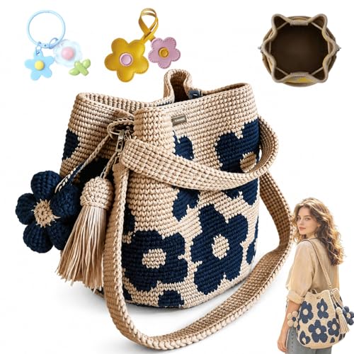 2026 Neu Gehäkelte Taschen Handmade Crochet Flower Tote Gestrickte Handtasche Handgehäkelte Blumentasche Tasche Gehäkelt mit 3D Blumen & Quaste Verstellbarer Weich Strapazierfähig(D)