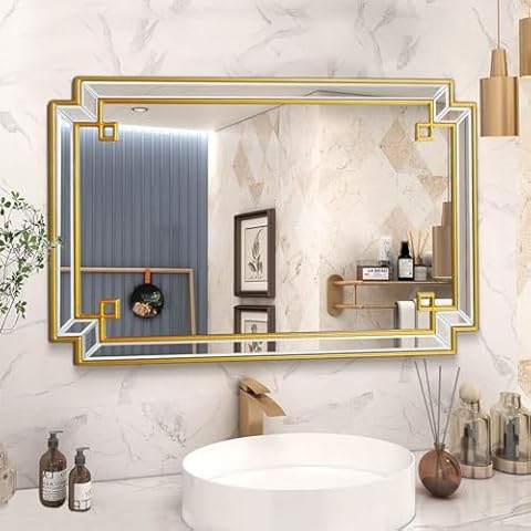 Jesantab 26"x38" Wall Mirror for Bathroom, Gold Rectangle Bathroom Vanity Mirror with Wood Frame, Modern Decorative Wall Mirror for Living Room Bedroom Fireplace Entryway (Horizontal/Vertical) Cover