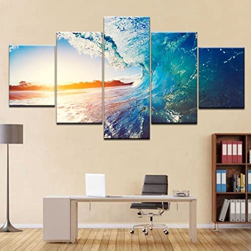 Tableau triptyque plage et coucher de soleil pour salon moderne, décoration murale en 5 pièces