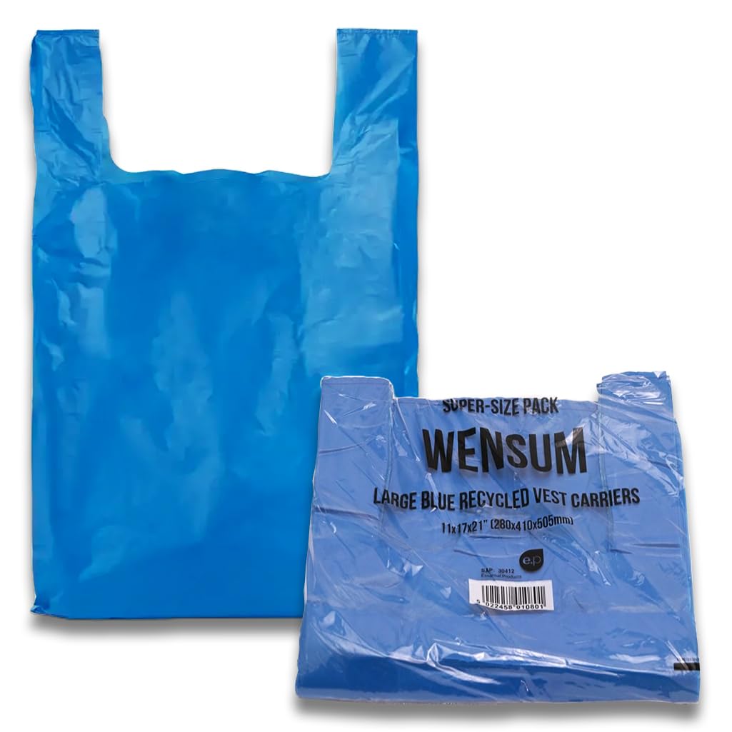 Bag Market | Large Blue Recycled Carrier Bags - 11 x 17 x 21" | 100% Recycled Plastic | Medium Duty - 16mu | Blue Plastic Carrier Bags with Handles (300)