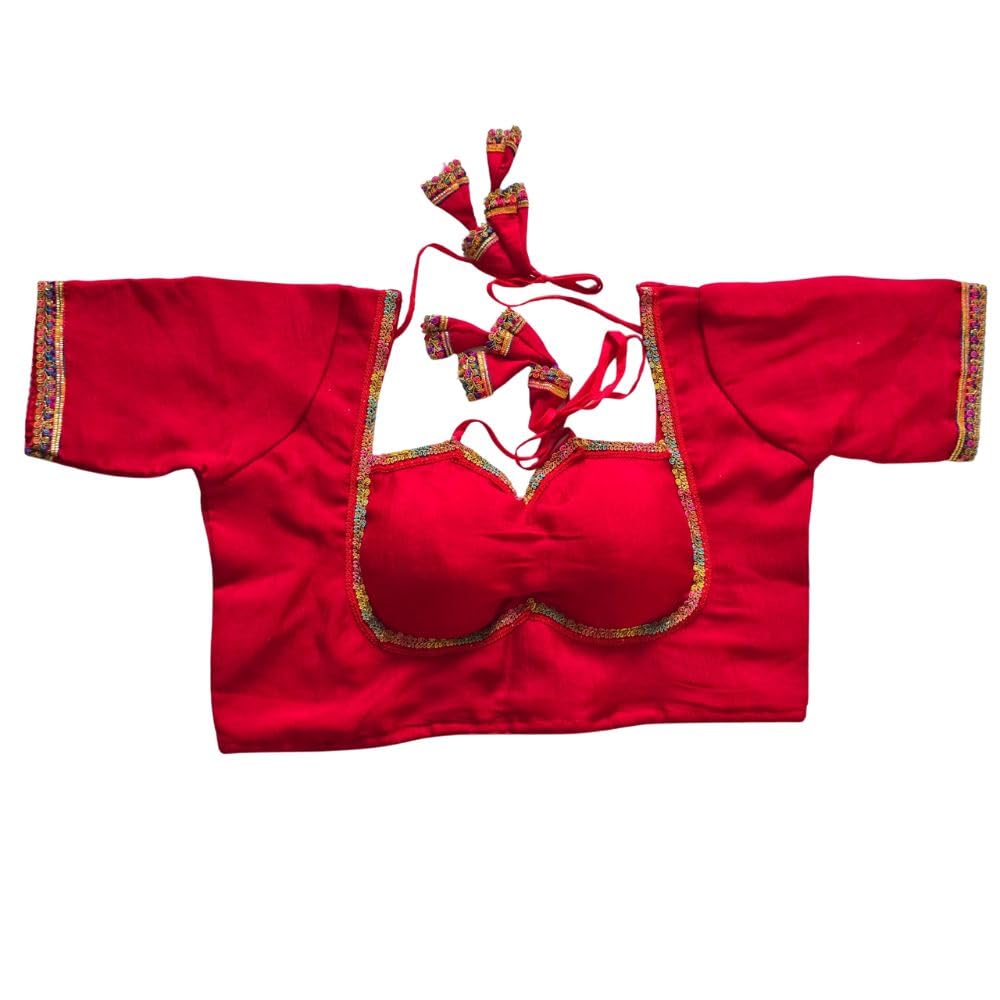 Traditional Blouse with Embroidered Border, Back Tie-Up Tassels-image-49