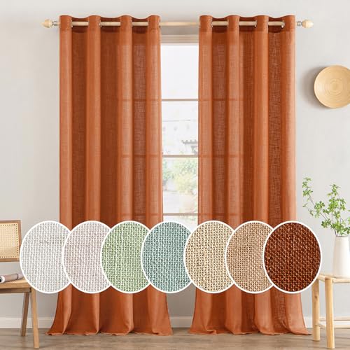 MIULEE Burnt Orange Linen Curtains 90 Inches Long 2 Panels for Bedroom Living Room, Soft Linen Textured Window Drapes Semi Sheer Light Filtering Grommet Burlap Boho Fall Rustic Terracotta Rust Decor
