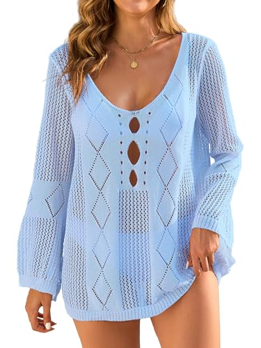 VIAURBE Womens Bathing Suit Coverups Sexy Scoop Neck Long Sleeve Knit Bikini Cover Ups for Women Beach Dresses Light Blue 2XL