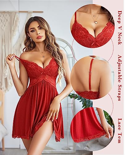 Image of Avidlove Women Chemise Night Gown Lace Modal Sleepwear V-Neck Full Slip Babydoll Lingerie Sexy Nightgowns