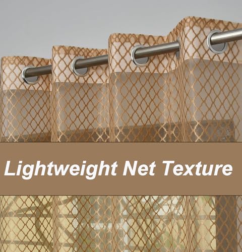 Image of IVAZA Heavy Premium Polyester Beautiful Moroccan Trellis Design Transparent Net Curtains | Modern Parde for Living Room Bedroom | Home Office Screens Door- 7 Feet (Pack of 2) Light Brown