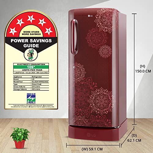 Image of LG 235 L 5 Star Inverter Direct-Cool Single Door Refrigerator Appliance (GL-D241ARRZ, Ruby Regal, Base stand with drawer & Smart connect, 2022 Model)