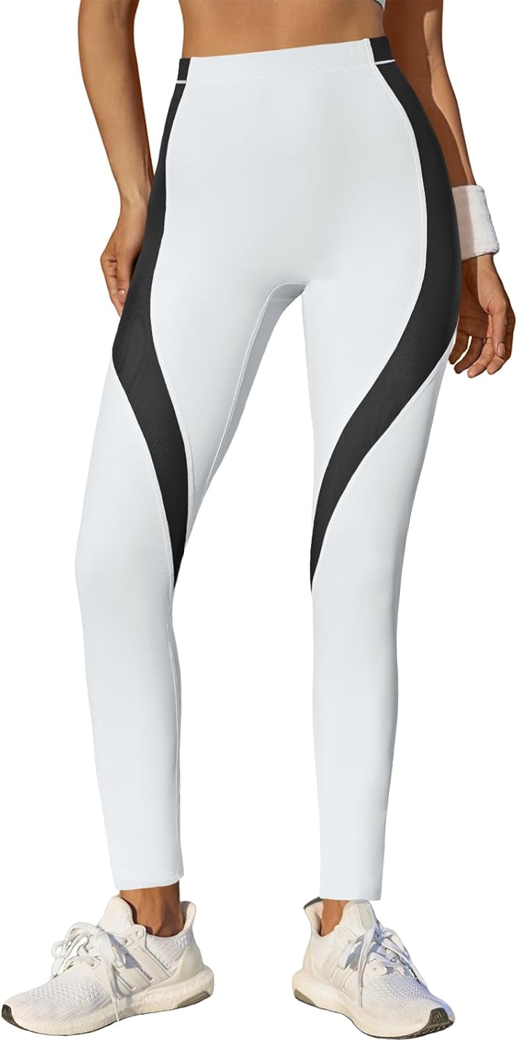 Fisoew Womens High Waisted Leggings Color Block Yoga Pants Workout Running Stretchy No See Through Leggings