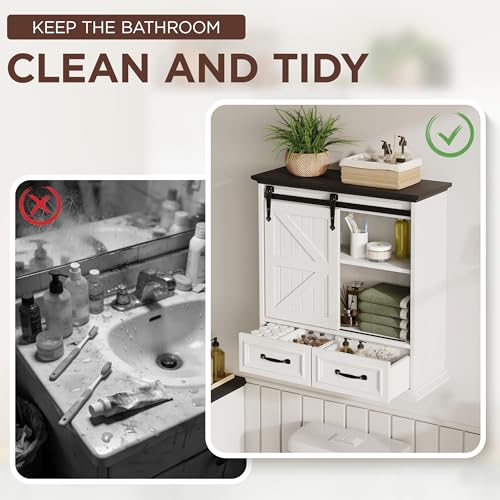 Image of FiveWillowise Bathroom Wall Storage Cabinet with 2 Drawers, White Floating Wall Mounted Medicine Cabinet with Sliding Door & Adjustable Shelves, Over The Toilet for Bathroom, Laundry Room, Kitchen