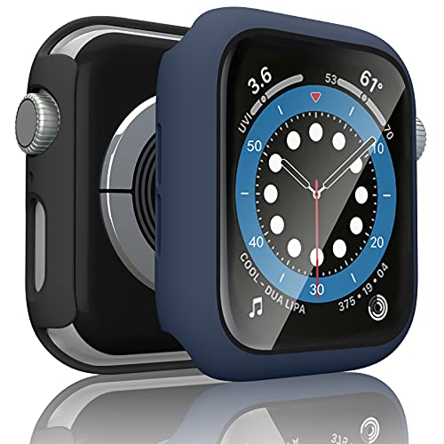 Tobfit [2 Pezzi] Cover Compatibile per Apple Watch 44mm Series 6/SE/ 5/ 4, 44mm HD Pellicola Protettiva, Custodia Rigida con Vetro Temperato (Nero+Blu navy)