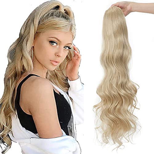 60cm Pferdeschwanz Haarteil Clip Extension mit Kordelzug Lang Haarverlängerunge Extension Perücke Natürliches Groß Gewellt Lange Ponytail Ash Blonde Mischung Bleichblond Cover