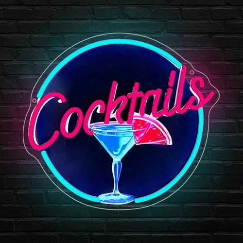 Image of Cocktails Neon Signs for Wall Decor,UV Print Cocktails Glass LED Neon Light Up Sign for Beer Bar Art Wall Lights,Bar Party,Pub,Night Club,Man Cave Decor,Adjustable Brightness